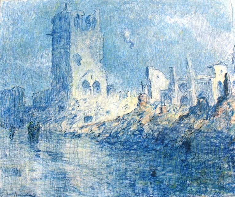 Ypres, City of Death. A watercolour by Captain Gilbert Holiday RFA showing the remains of the tower of the ruined Cloth Hall and the ruins of St Martin’s, a former cathedral, behind. Both were rebuilt after the war (Author’s collection, Photo: David Cohen)