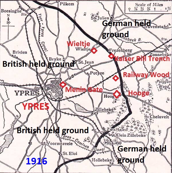 Outline map of the Ypres Salient in 1916 showing approximate position of the line routinely held by the 55th (West Lancashire) Division 1916/17, running north from Hooge to Wieltje. The length of line held reduced if a brigade was training in a rear area. Annotated by author, original map courtesy Long Long Trail